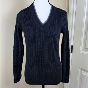 Tommy Hilfiger Sweater Varsity Cable Knit Ribbed Preppy V-Neck Black Women Sz M